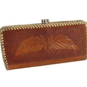 Vintage Clutch Wallet 1970's Women's 7" Handmade Leather Tooled Leaved Hippie
